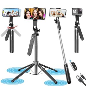 Selfie Stick Tripod with Balance Handle, 64 inch & Stable 4 Leg Design,Recharable BT Remote, Long Tripod Stand